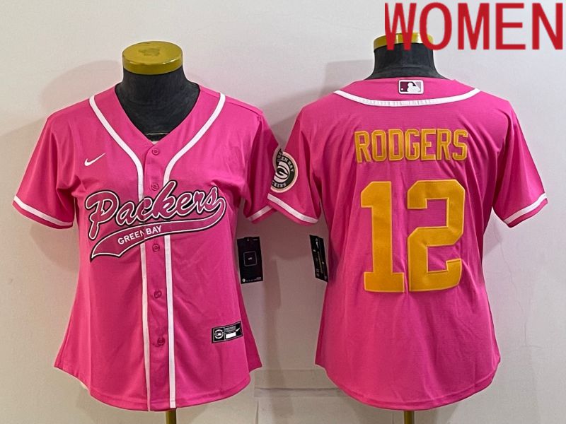 Women Green Bay Packers #12 Rodgers Pink yellow 2022 Nike Co branded NFL Jerseys->women nfl jersey->Women Jersey